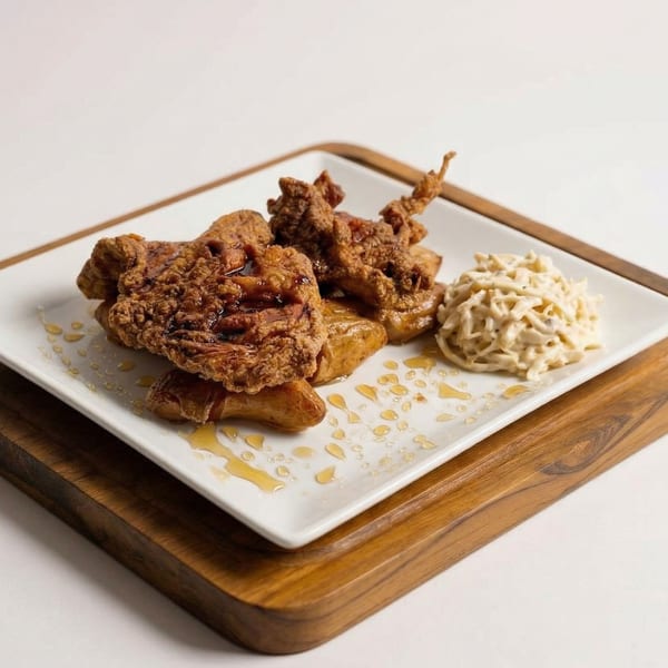Crispy fried chicken and waffles drizzled with syrup, served with a side of coleslaw.