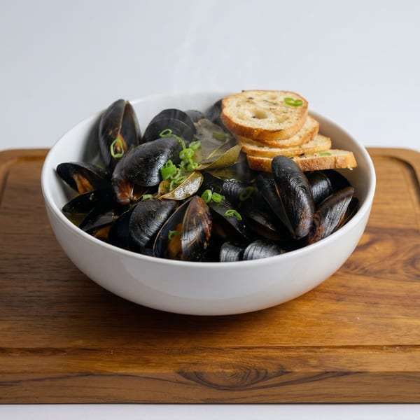 Steaming bowl of mussels garnished with green onions and bay leaves, served with toasted bread.