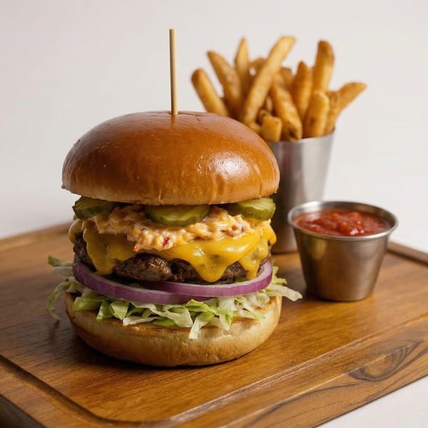 A cheeseburger with fries and ketchup on a wooden board.